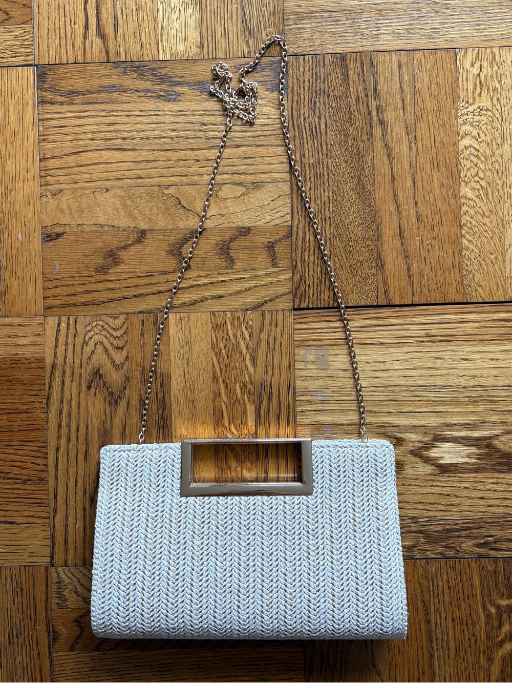 Woven Cream Crossbody Clutch with Gold Chain